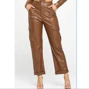 Brown Faux Leather Cargo Pants